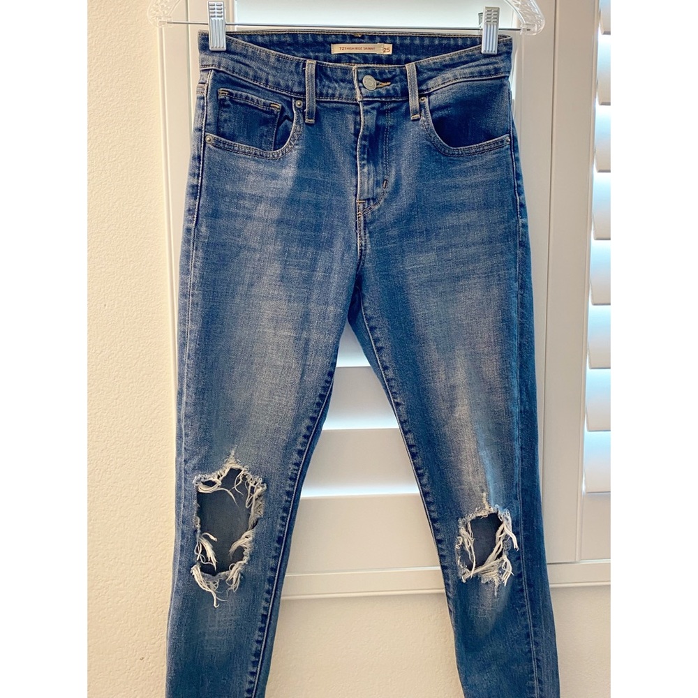 Levi's 721 ๐High Rise Skinny Women's Jeans Size 25 Medium Wash Knee Holes - Picture 6 of 11